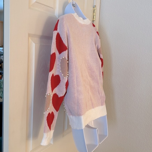 Red + Cream Pearl Heart Knit Sweater - Picture 10 of 16